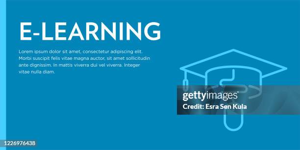 e-learning flat web banner with editable stroke icon - reading documents at work stock illustrations