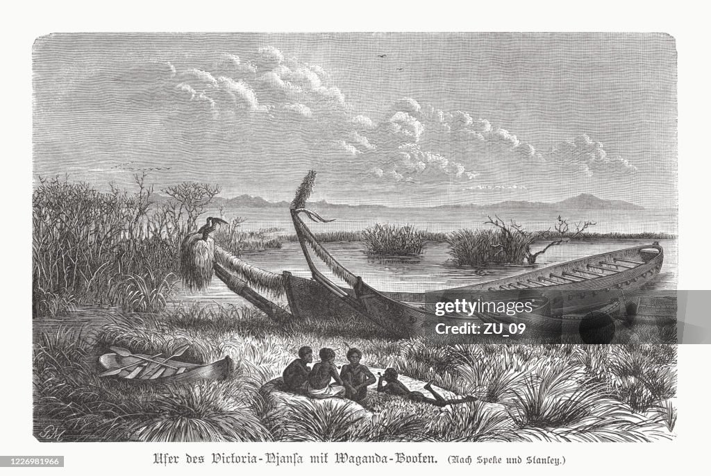 Lake Victoria with Baganda boats, wood engraving, published in 1891