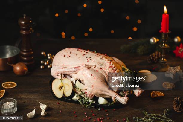 weihnachtsessen zubereitung - gänsebraten stock-fotos und bilder