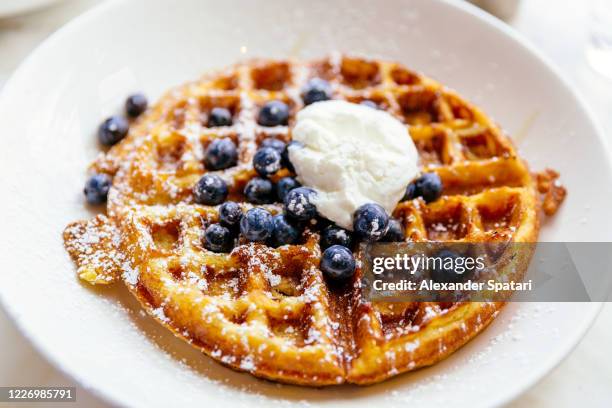 waffle with fresh blueberries on the plate - waffles stock pictures, royalty-free photos & images