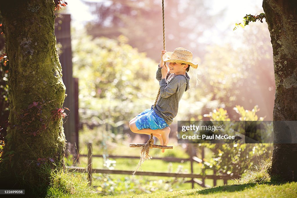 Boy playing on swing