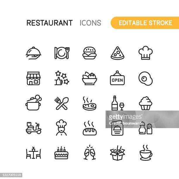 ilustraciones, imágenes clip art, dibujos animados e iconos de stock de iconos de esquema de restaurante trazo editable - recetas