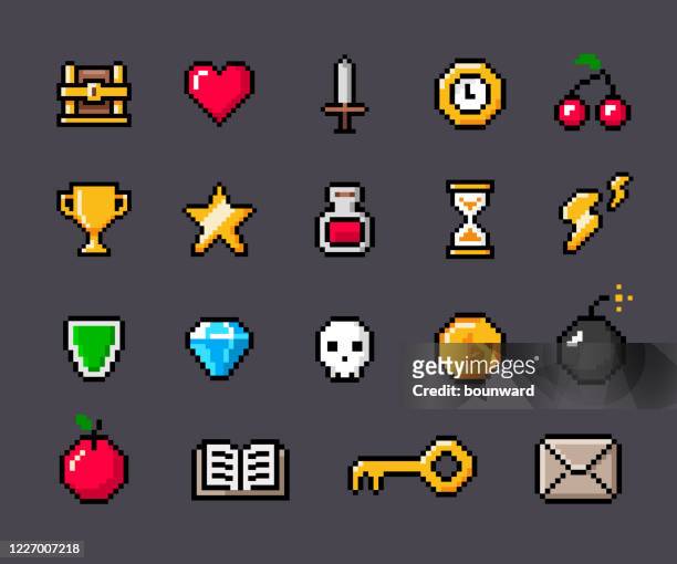 pixel game outline contoured icons - pixelated vector stock illustrations