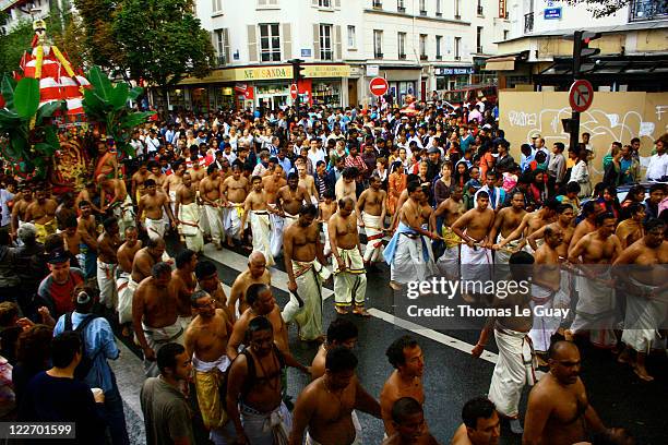 Hindus pulling the Ganesha chariot during Ganesha Chaturthi, the Hindu festival of Ganesha, on August 28, 2011 in Paris, France. Thousands attended...