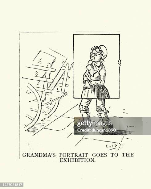 grandma's portrait goes to the exhibition. victorian comedy cartoon - cartoon strip stock illustrations