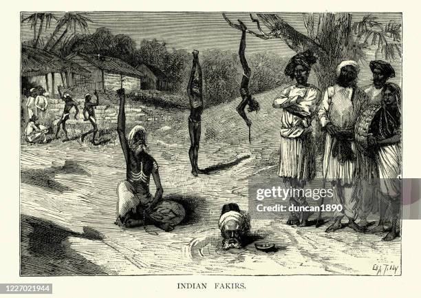indian fakirs (faqir) performing feats of endurance, 19th century - fakir stock illustrations