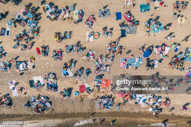 sunbathers relaxing on southend beach as seen from directly above, southend-on-sea, essex, united kingdom - hittegolf stockfoto's en -beelden