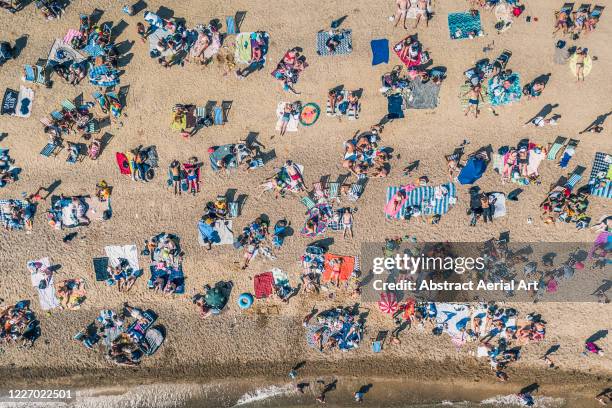 sunbathers relaxing on southend beach as seen from directly above, southend-on-sea, essex, united kingdom - heatwave 個照片及��圖片檔