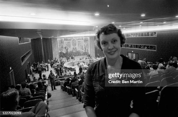 American journalist Pauline Frederick , broadcasting from the United Nations, 1958.