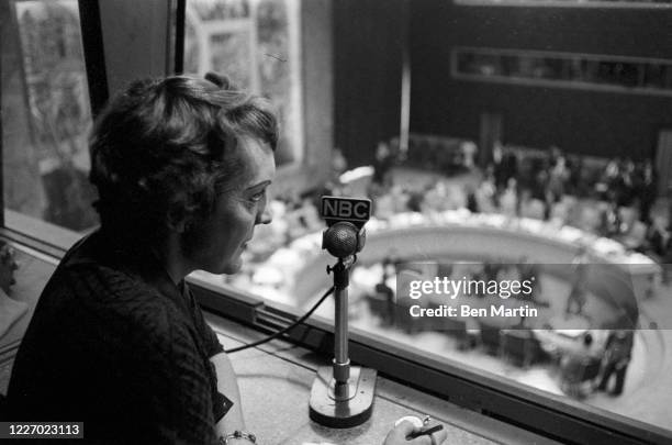 American journalist Pauline Frederick , broadcasting from the United Nations, 1958.