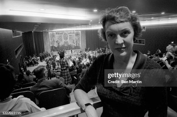 American journalist Pauline Frederick , broadcasting from the United Nations, 1958.