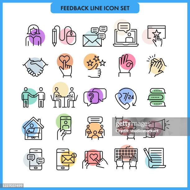 ilustraciones, imágenes clip art, dibujos animados e iconos de stock de conjunto de iconos de línea fina de retroalimentación - buzón de sugerencias