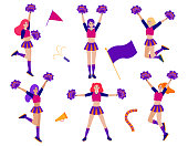 Set of cheerleader girls - vector stock illustration. Dancing cheer team in uniform, women sport fun. Football or american soccer support flat cartoon character