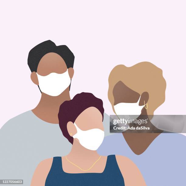 drei personen tragen chirurgische maske - mundschutz stock-grafiken, -clipart, -cartoons und -symbole