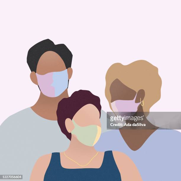 drei personen tragen chirurgische maske - braunes haar stock-grafiken, -clipart, -cartoons und -symbole