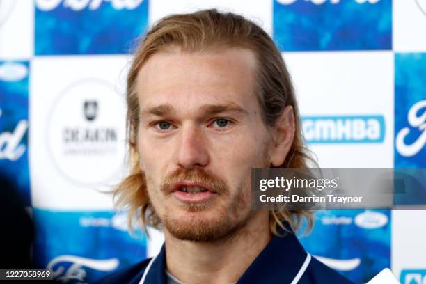 Tom Stewart of the Cats speaks to the media before a Geelong Cats AFL training session at GMHBA Stadium on May 26, 2020 in Geelong, Australia.