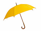 Opened yellow umbrella with brown handle on white background