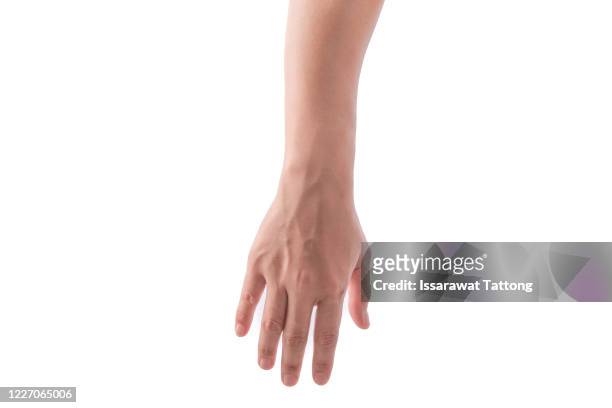 side view of human hand in reach out one's hand gesture isolate on white background , low contrast for retouch or graphic design - hand stock-fotos und bilder