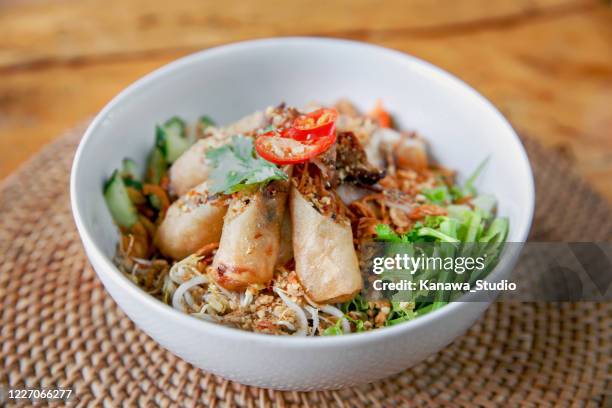fideos vermicelli vietnamitas cubiertos con rollo de primavera frito - vietnamese food fotografías e imágenes de stock