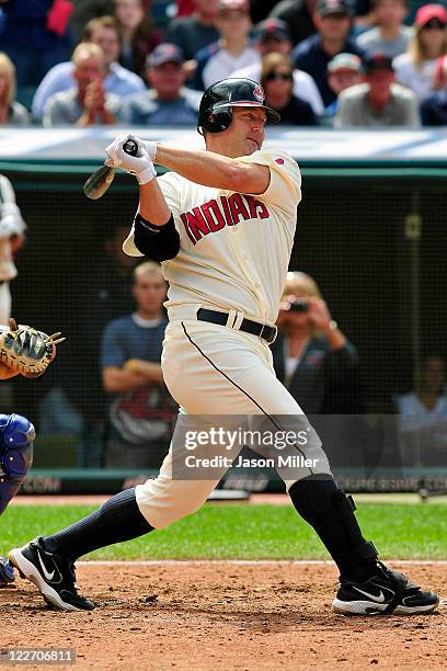 Designated hitter Jim Thome of the Cleveland Indians strikes out during the eighth inning against the Kansas City Royals at Progressive Field on...