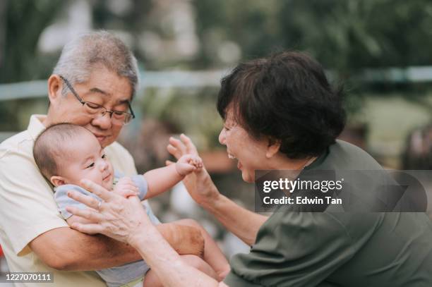 een aziatisch chinees hoger paar dat met hun kleinzoon bij de voortuin van hun huis speelt - family back yard stockfoto's en -beelden