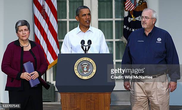 President Barack Obama speaks with Homeland Security Secretary Janet Napolitano and FEMA Administrator Craig Fugate on the aftermath of Hurricane...