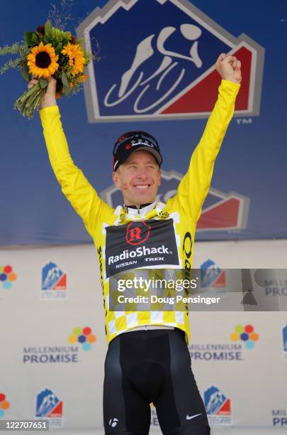 Levi Leipheimer of the USA riding for Team Radioshack takes the podium following stage six as he defended the overall leader's jersey and won the...