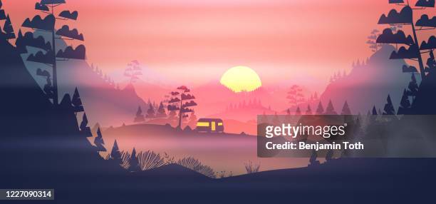 caravan campsite in the mountains sunset - camping car stock illustrations