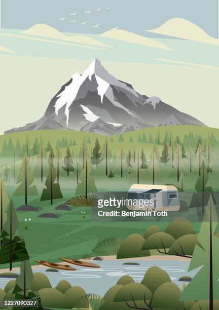 caravan campingplatz in den bergen - caravan stock-grafiken, -clipart, -cartoons und -symbole