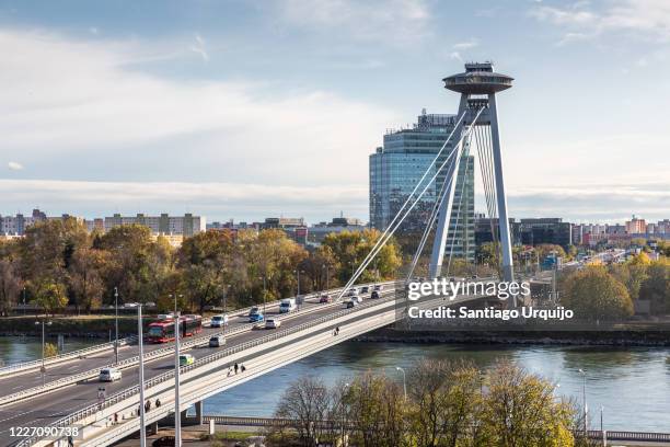 most snp bridge across the danube river in bratislava - slovakia monuments stock pictures, royalty-free photos & images