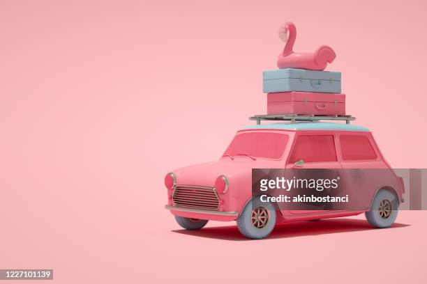 minimal summer and travel concept, 3d car and inflatable flamingo - three dimensional car stock pictures, royalty-free photos & images