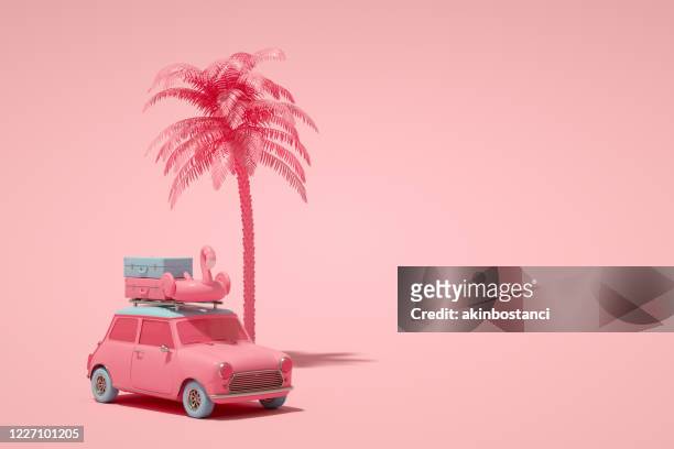 minimal summer and travel concept, 3d car and luggage - flamingos stock pictures, royalty-free photos & images
