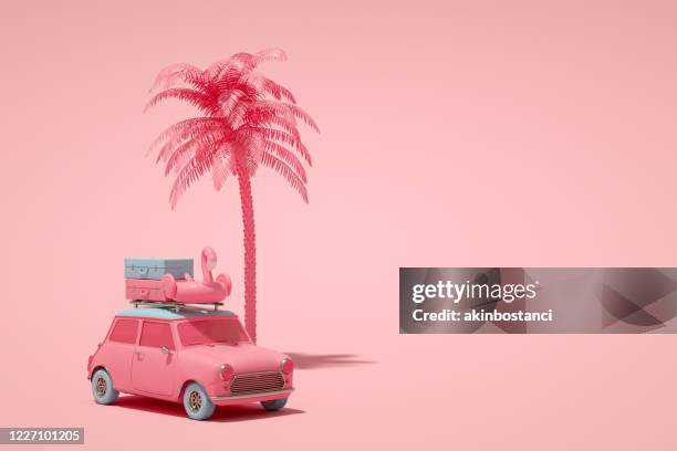 minimal summer and travel concept, 3d car and luggage - auto 3d imagens e fotografias de stock