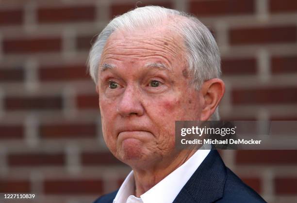 Jeff Sessions addresses the media after voting in the Alabama Republican primary runoff for the U.S. Senate at the Volunteers of America Southeast...