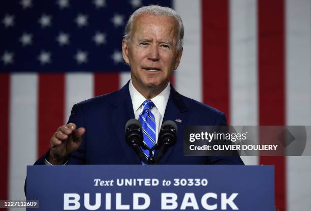 Democratic presidential candidate and former Vice President Joe Biden speaks at a "Build Back Better" Clean Energy event on July 14, 2020 at the...