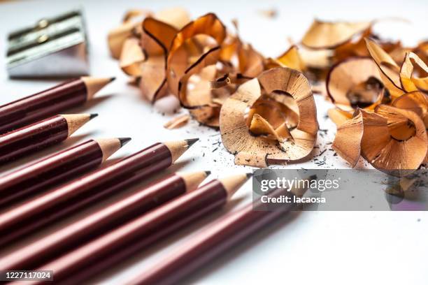 pencils with shavings and sharpener - stifte stock pictures, royalty-free photos & images