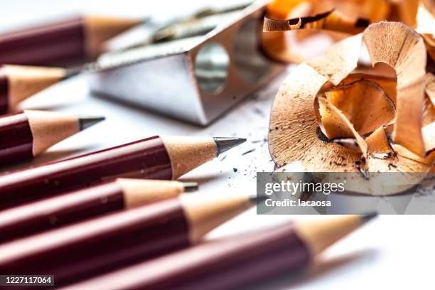 pencils with shavings and sharpener - stifte stock pictures, royalty-free photos & images