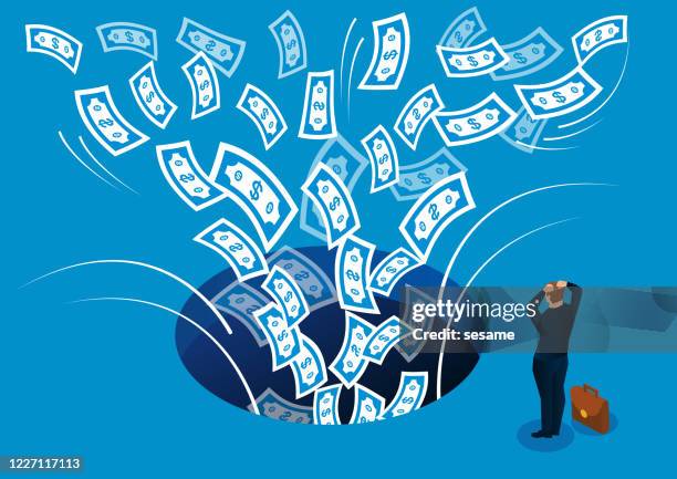 ilustraciones, imágenes clip art, dibujos animados e iconos de stock de hombre de negocios observa desesperadamente el dinero siendo succionado en el agujero oscuro - distressed stock market people