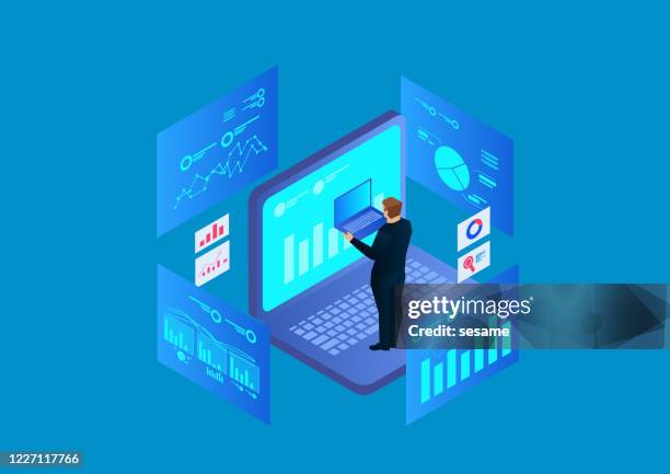 businessman standing on computer and analyzing business charts around computer - network coverage stock illustrations