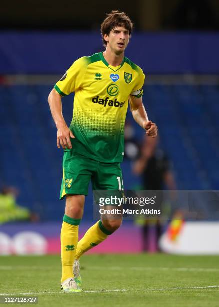 Timm Klose of Norwich City during the Premier League match between Chelsea FC and Norwich City at Stamford Bridge on July 14, 2020 in London, United...