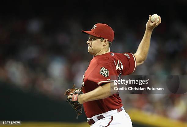 Relief pitcher Bryan Shaw of the Arizona Diamondbacks pitches against the San Diego Padres during the Major League Baseball game at Chase Field on...