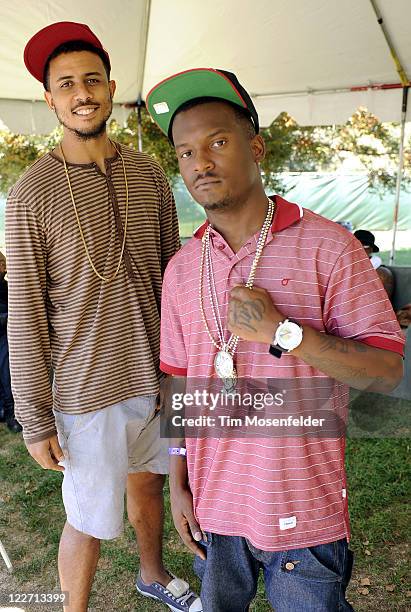 Blu and Fashawn of Fashawn, Blu, & Exile pose at Rock the Bells 2011 at Shoreline Amphitheatre on August 27, 2011 in Mountain View, California.