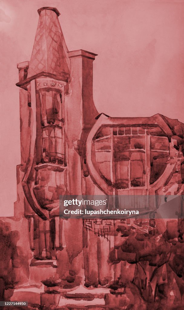 Fashionable illustration allegory ancient architecture work of art painting with watercolor paints in brown tones sepia impressionism symbolic vertical landscape building with asymmetric art nouveau windows against a light sky of trees and clouds
