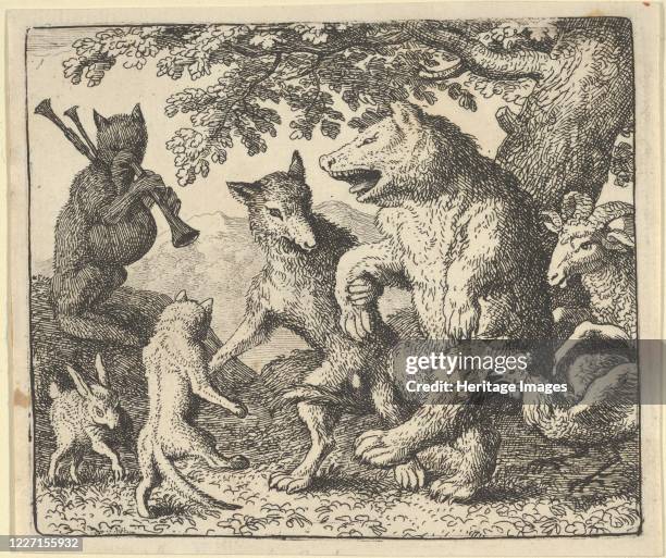 Party in Honour of the Bear and the Wolf. From Hendrick van Alcmar's Renard The Fox, 1650-75. Second state of three. Artist Allart van Everdingen.