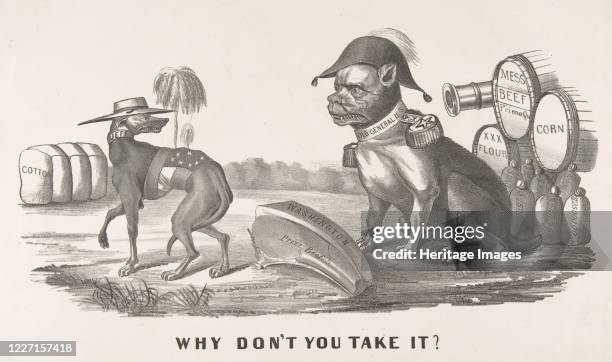 Why Don't You Take It?, 1861-64. Political satires of American Civil War with Confederate leader Jefferson Davis, as a greyhound, cringing away from...