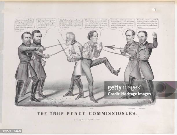 The True Peace Commissioners, 1865. Confederate leaders General Robert E. Lee and Jefferson Davis stand back-to-back under attack by Union officers...