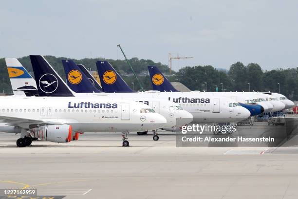 Passenger planes of German airline Lufthansa that have been temporarily taken out of service stand parked at Munich Franz-Josef-Strauss International...