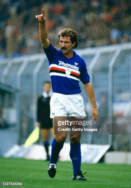 Sampdoria player Graeme Souness pictured reacting during a match against Ascoli in Serie A match circa August 1984 in Genoa, Italy.