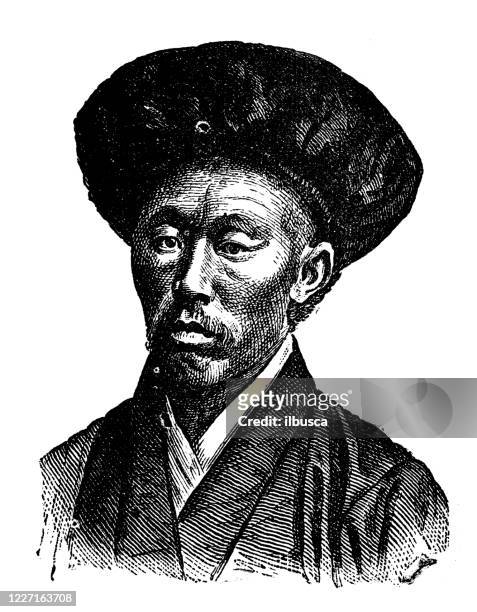 antique illustration: asian and european native, kalmyk man - mongolian ethnicity stock illustrations