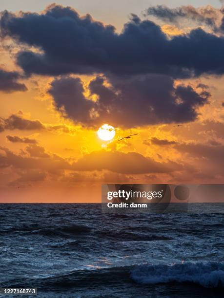 waves of a sea at sunrise with colourful clouds in background. vertical view - romania beach stock pictures, royalty-free photos & images